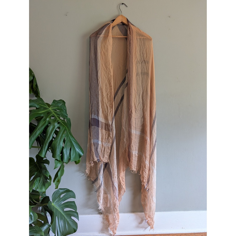 Naturally Knotty Silk Modal Blend Plaid Scarf Wrap Tan Brown Frayed Fringe 44x80